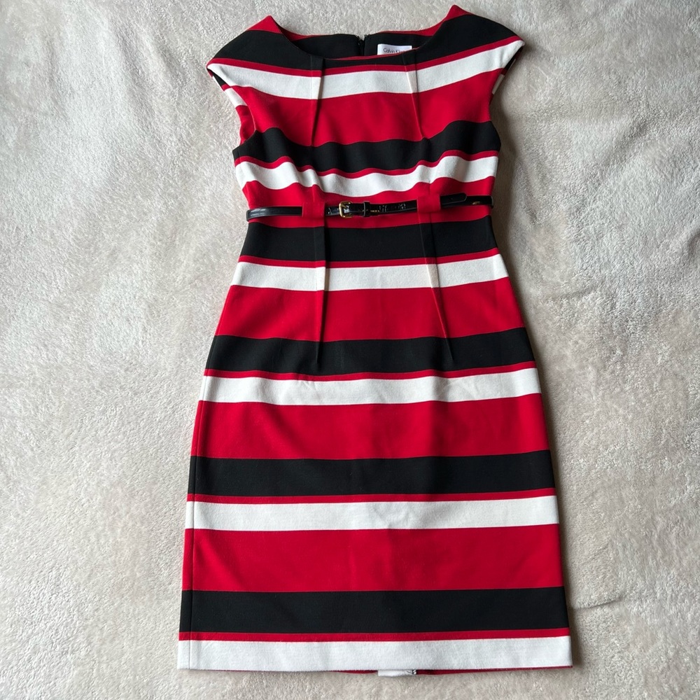 Calvin Klein Striped Red, Black and White Dress, Size 2